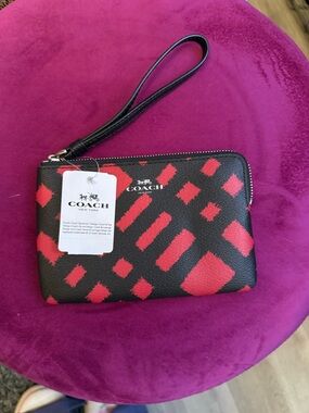 Coach Black and Red Geometric Leather Wristlet